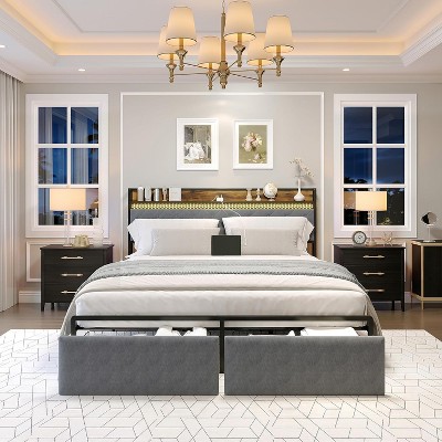 homfan Bed Frame with 2 Storage Drawers, LED Bed Frame with 2-Tier Storage Headboard＆Charging Station, Metal Platform Bed Frame, No Box Spring Needed