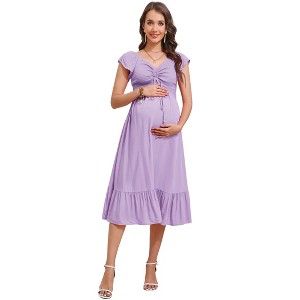 Womens Maternity Short Sleeve Sweetheart Neck Summer Casual Smocked Boho Drawstring Maxi Dress Photoshoot Baby Shower - 1 of 4