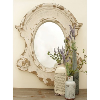 White Carved Oval Wood Wall Mirror with Arched Top