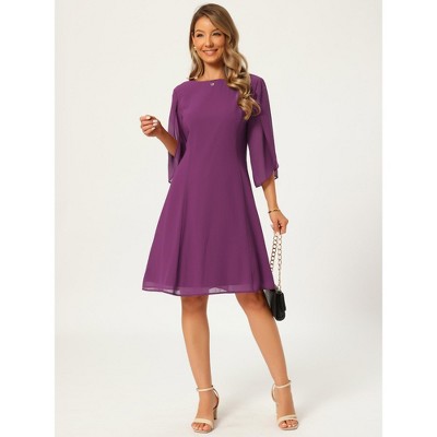 Женские платья INSPIRE CHIC Women's Chiffon Summer 3/4 Sleeve Crewneck Flowy Knee Length Midi Dress Large Dark Purple — фото 4