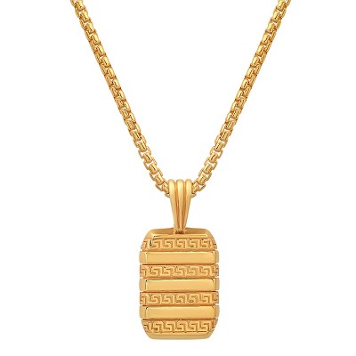 Steeltime 24" 14k gold plated sterling silver dog tag pendant with greek key accents