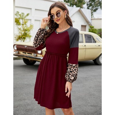 Waffle Knit Dress for Women Raglan Sleeve Leopard Print Color Block Mini Dress Trendy Smocked Dresses