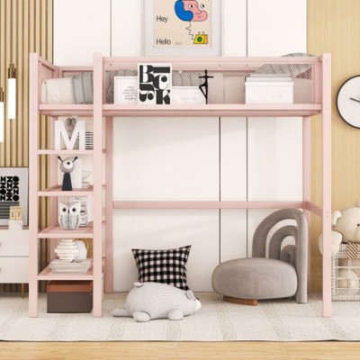 Twin Size Metal Loft Bed, Black, featuring 4-Tier Shelves and Storage