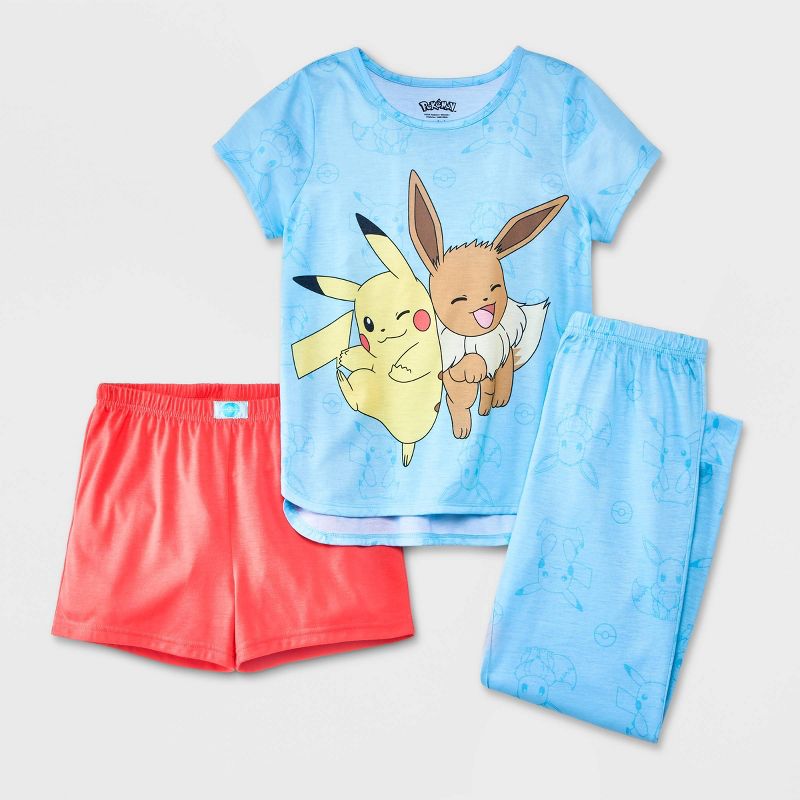 Girls&#39; Pokemon Pikachu and Eevee 3pc Pajama Set - Red/Blue, 1 of 5