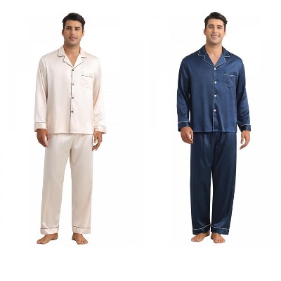 INSPIRE CHIC Men's 2 Pack Sleepwear Button Down Long Sleeve Classic Satin Pajamas Sets