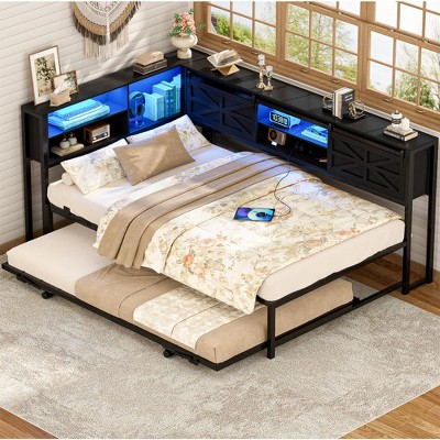 Aheaplus L-Shaped DayBed with Charging Station, Corner Bed Frame with Bookcase and Sliding Door