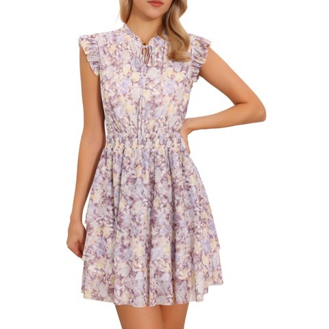 Женские платья INSPIRE CHIC Women's Summer Floral Ruffled Sleeve V Neck Empire Waist Casual Mini Sundress Large Light Purple