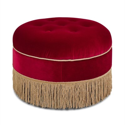 Yolanda Round Accent Ottoman Siren Red Performance Velvet w Gold Trim - Jennifer Taylor Home