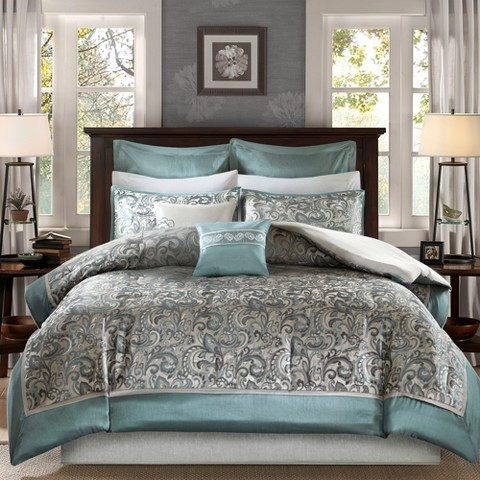 Regency Heights 8Pcs BIAB Faux Silk Paisley Jacquard Comforter Set, Luxury Palace Style Bedding Set with Matching Shams and Pillows, Teal, Queen
