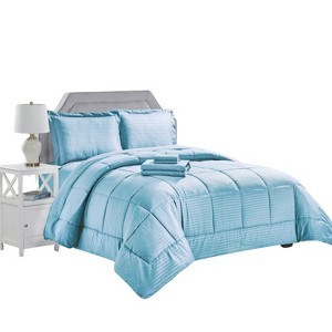 Plazatex Embossed Dobby Stripe 8 Pieces Comforter Bed In A Bag Set Lt. Blue - 1 of 4