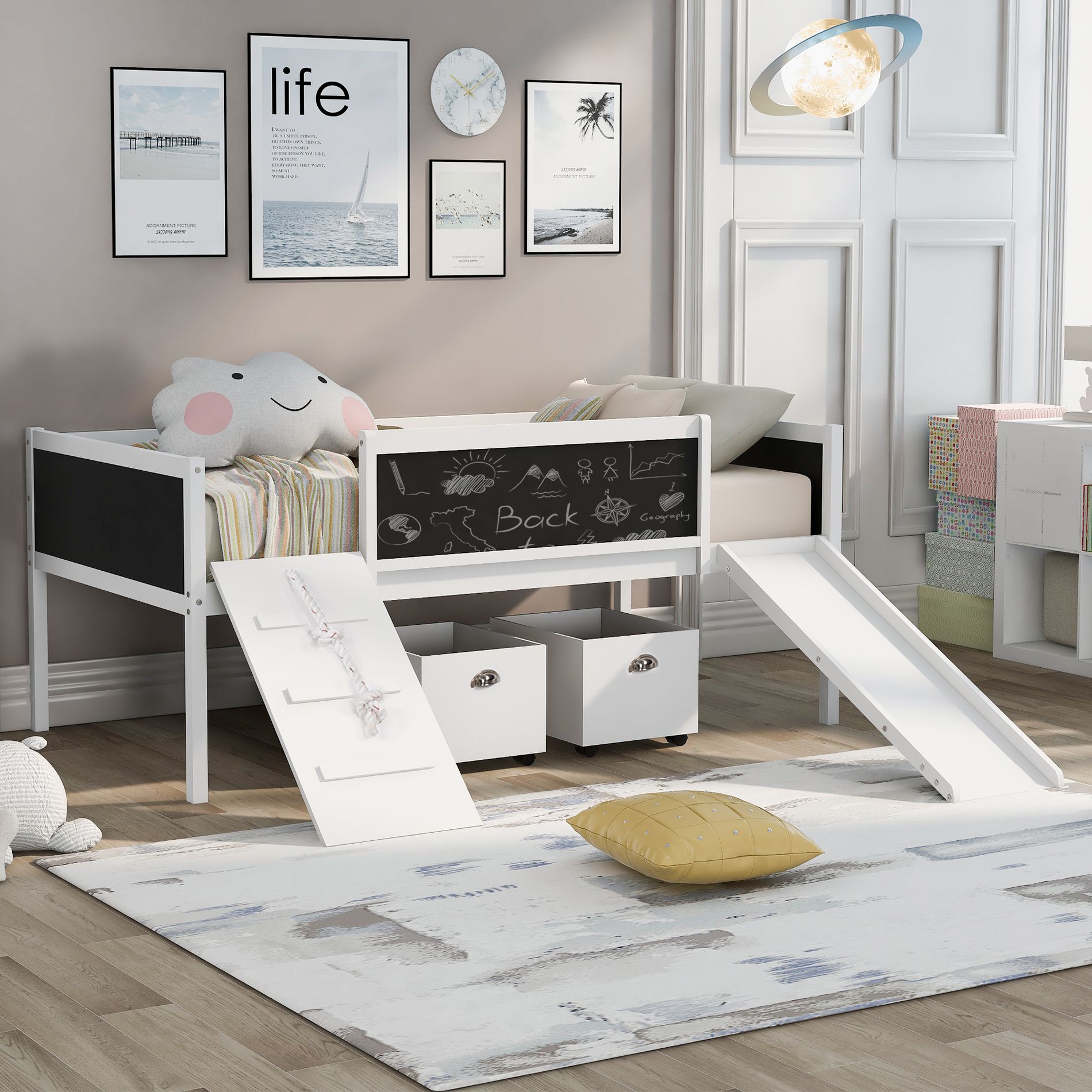 Twin Size Loft Bed with Slide, Storage Boxes, Climbing Frame and Double-Sided Chalkboard, Solid Wood Bed Frame for Kids, White - HABITRIO