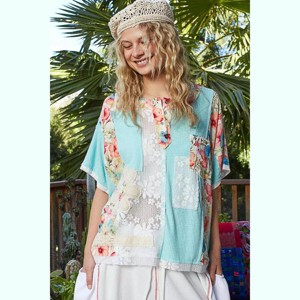 I am a Fashion Junky POL Lace Round Neck Short Sleeve Floral Pattern Top with Patch Detail - 1 of 4