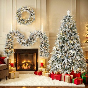 Resenkos 3-Piece Snow Flocked Christmas Decor Set, Includes a 6ft Tree, Wreath, and 9ft Garland with Warm LEDs, Green and White - 1 of 4
