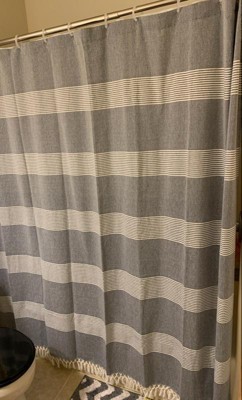 Mindra Light Gray Striped Navy Tassel Trim Curtain