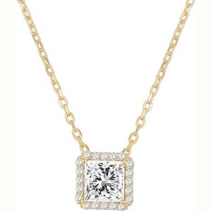 14K Gold Plated Solitaire Pendant Necklace with Halo, Adjustable Slider Chain for Women - 1 of 4