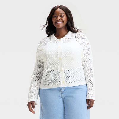 Women's Openwork Button-Front Cardigan - Universal Thread™ White