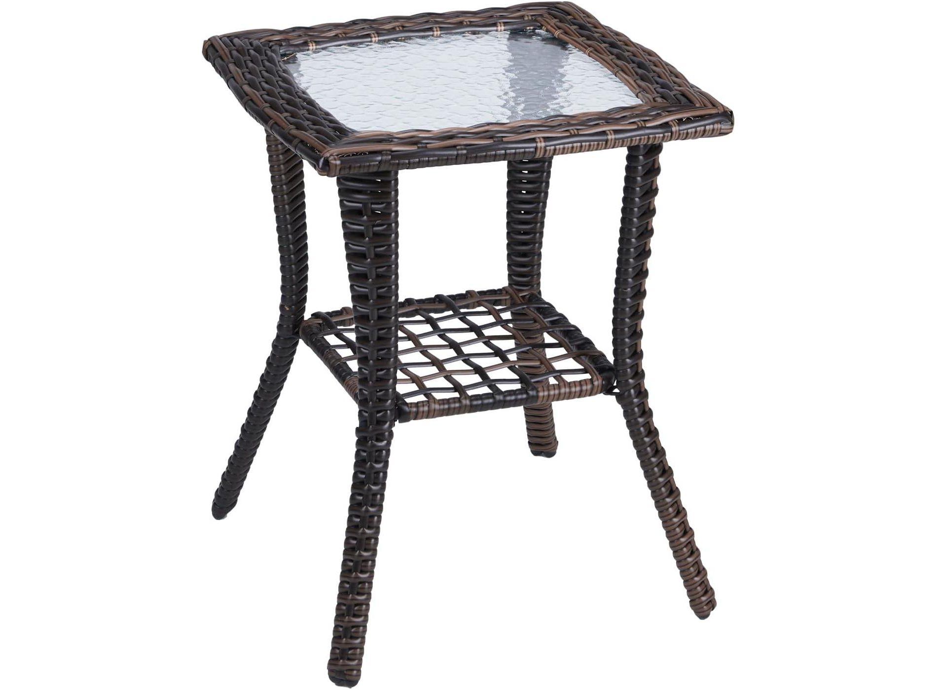VINGLI Outdoor Side Table with Storage Wicker Patio Side Table, Tempered Glass Top End Table for Balcony Porch Deck (Brown)