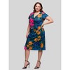 24seven Comfort Apparel Plus Size Blue Floral Knee Length Short Sleeve Faux Wrap Dress - 2 of 4