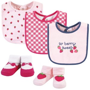 Hudson Baby Infant Girl Cotton Bib and Sock Set, Pink Strawberry, One Size - 1 of 4