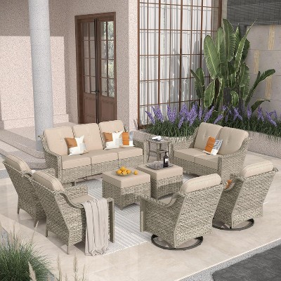 XIZZI 9 Pieces Sofa with Cushion, Swivel Rocking Chairs, Loveseat, High Back Rattan Chairs and Ottomans, 11 Seats Backyard Conversation Set