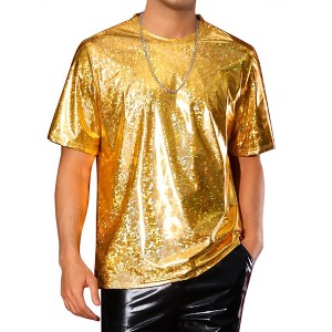 INSPIRE CHIC Men's Crew Neck Short Sleeve Party Disco Shiny Holographic T-Shirts - 1 of 4
