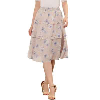 Allegra K Women's Floral Print Smocked Elastic Waist Midi Flowy Tiered Ruffle Skirt
