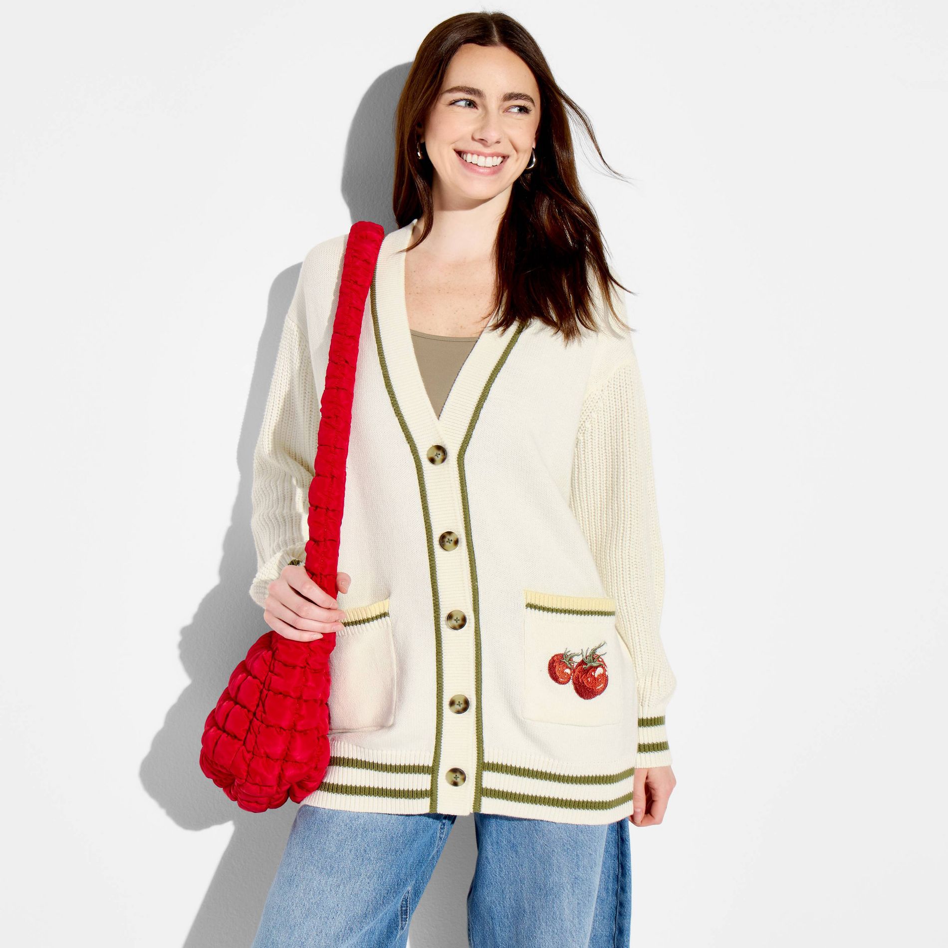 Women's Tomato Graphic Cardigan Sweater - Cream