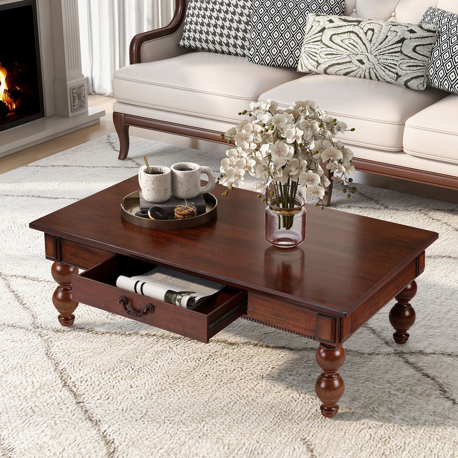 ORRD Vintage Wooden Coffee Table with Storage Drawer - No-Tools Assembly Farmhouse Cocktail Table for Living Room