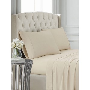 Badgley Mischka Standard 310 Thread Count Cotton Sateen Pillowcase Pair Tan - 1 of 4