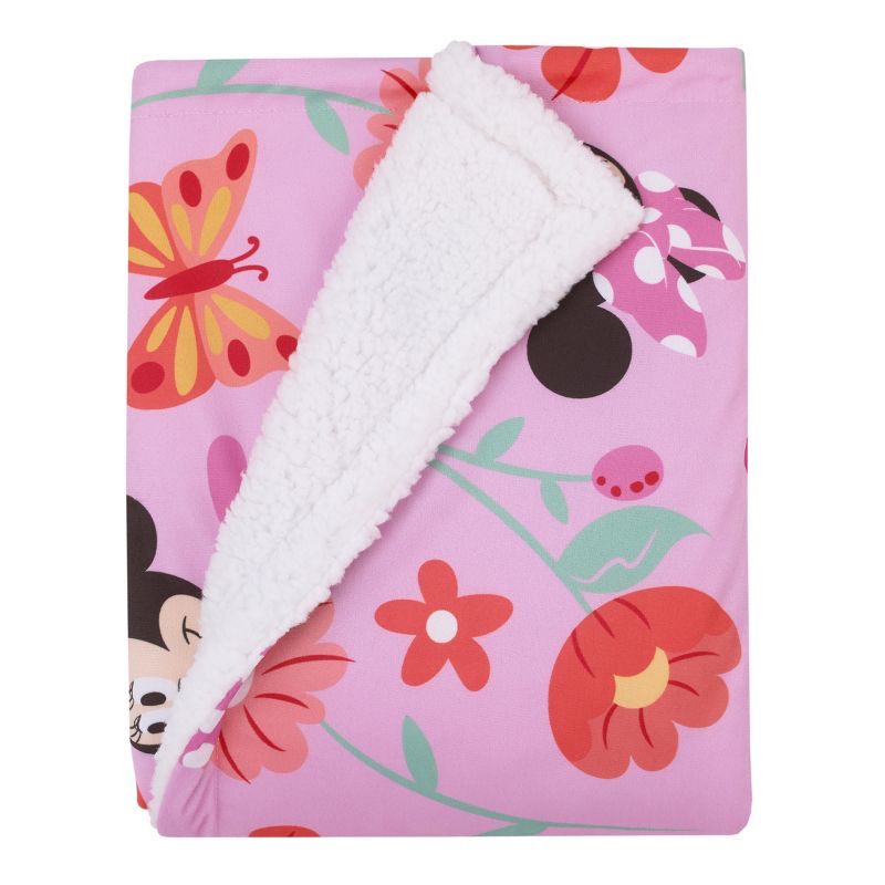 Disney Minnie Mouse Springtime Flowers Pink Orange, Green, and White Super Soft Cuddly Plush Baby Blanket, 1 of 6