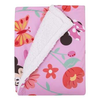 Disney Minnie Mouse Springtime Flowers Pink Orange, Green, and White Super Soft Cuddly Plush Baby Blanket