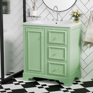 FAMYYT 30 in. Single Sink Freestanding Green Bath Vanity with White Ceramic Top, 3 Drawers and Adjustable Shelves - 1 of 4