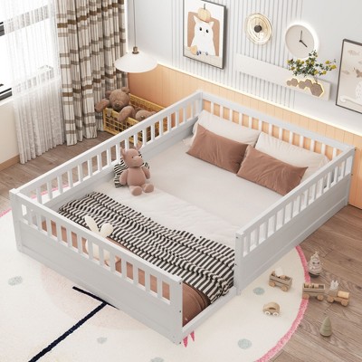 Okak Montessori Floor Bed Twin/Full Size,Pine Wood Toddler Bed with Safety Rails, Low Profile Kids Bed Frame for Nursery & Bedroom