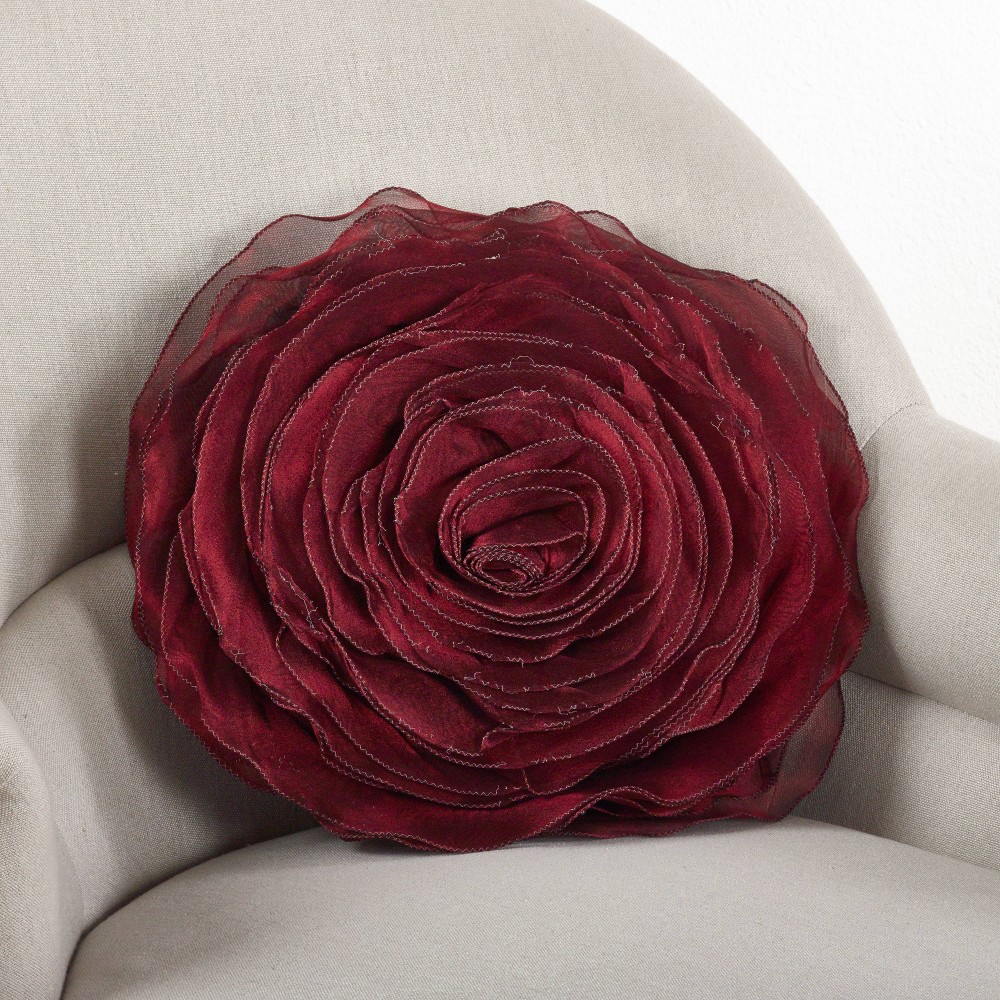 Photos - Pillow 13"x13" Rose Design Poly Filled Square Throw  Burgundy - Saro Lifestyle: Indoor Floral Decor, Zipper Closure