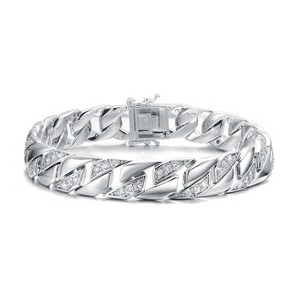 Guili Mens Rhodium Plated Sterling Silver Braided Cuban Chain Bracelet with Iced Out Cubic Zirconia Stones for a Bold and Dazzling Statement Piece - 1 of 4