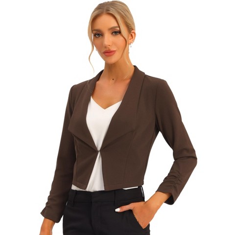 INSPIRE CHIC Women's Regular Fit Notched Lapel Ruched Sleeve Business Crop Blazer X-Small Dark Brown