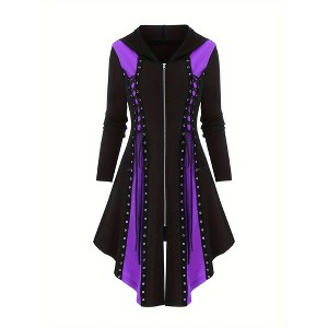 Women's Hooded Color Block Midi Dress Gothic Halloween Festival Gown Lace - Up Cosplay Evening Dress - 1 of 4