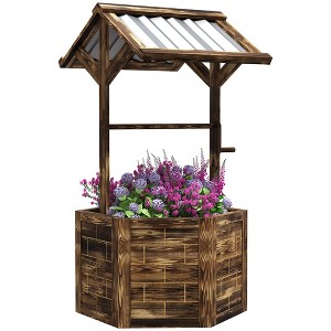 Outsunny Wooden Wishing Well Planter, Hexagon Raised Flower Bed with Galvanized Canopy, Outdoor Garden Box for Flowers and Vegetables - 1 of 4