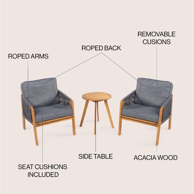 Aveiro 3-Piece Modern Bohemian Roped Acacia Wood Conversation Outdoor Patio Set with Cushions - JONATHAN Y, 5 of 9