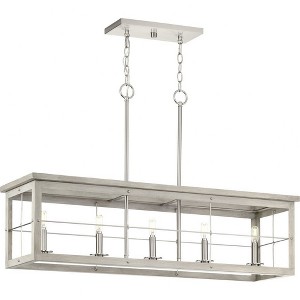 Progress Lighting, Hedgerow Collection, 5-Light Linear Island Chandelier, Brushed Nickel, Grey Washed Oak Shade - 1 of 2