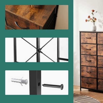 Sweetcrispy Tall Black and Wood 10-Drawer Dresser with Fabric Bins