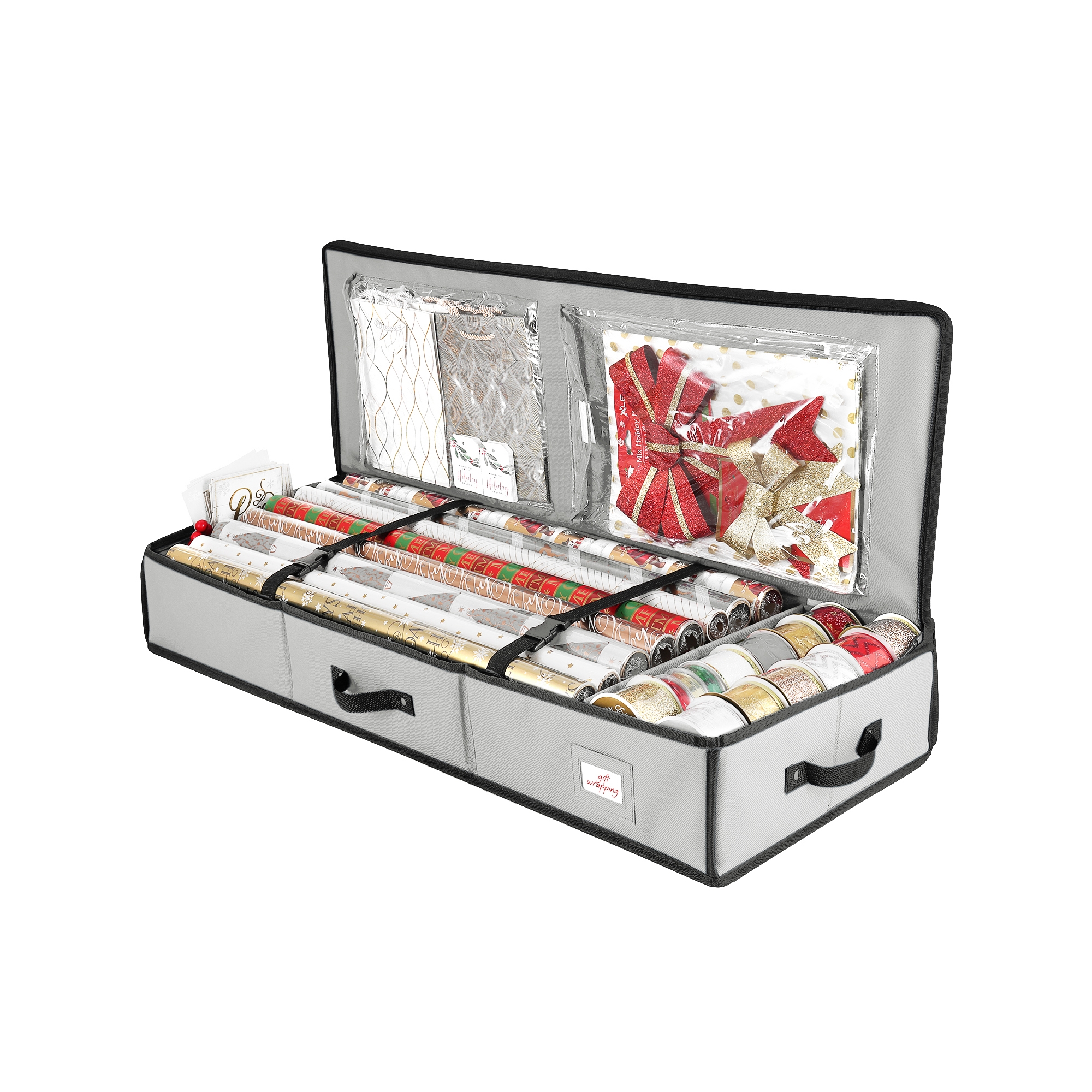 Hearth & Harbor Wrapping Paper Storage Container - Christmas Storage Bag with Interior Pockets - Fits Up to 22 Rolls of 40" - Silver