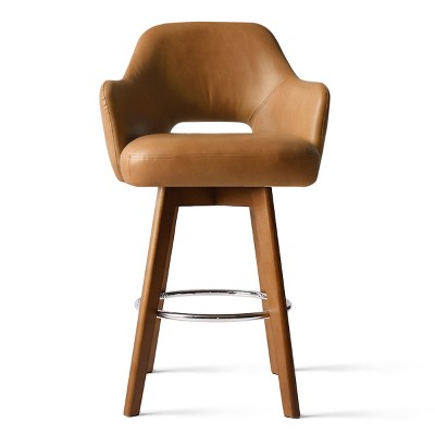 Camel Faux Leather Swivel Bar Stool with Wood Legs