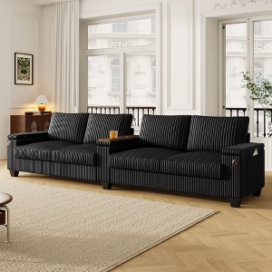 4-seater Corduroy Sofa Couch 133" Modern Sofa with USB Ports, Hidden Storage Arms, Flip-Top Cup Holders for Living Room, Black - 1 of 4
