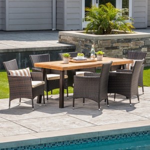 Christopher Knight Home Randy Outdoor Acacia Wood and Wicker 7 Piece Dining Set with Cushions, Teak/Multibrown - 1 of 4