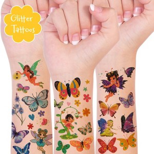 Wrapables Waterproof Glitter Temporary Tattoos, Birthday Party Favors and Supplies, Goodie Bag Fillers, 10 Sheets Fairies and Butterflies - 1 of 4