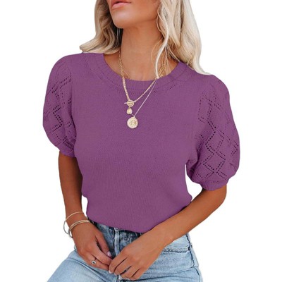 Womens Short Sleeve Lightweight Sweaters Crewneck Knit Pullover Tops with Crochet Sleeve Casual Crochet Blouse Shirt for Spring, Summer