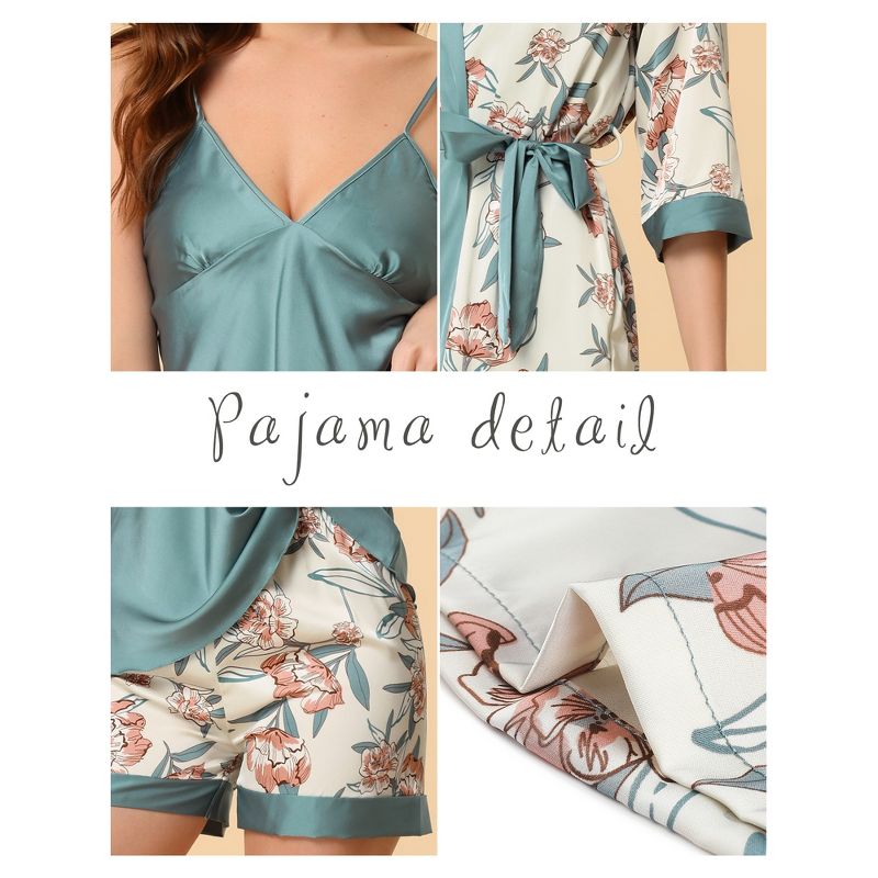 cheibear Womens Satin Floral Lounge Cami Nightgown Sleepwear 4pcs Pajama Sets, 4 of 7