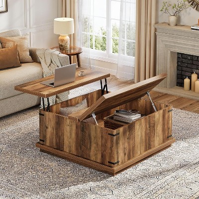 Tribesigns Lift Top Coffee Table, 33.46'' Square Wooden Center Cocktail Table with Large Hidden Storage Compartment for Living Room, Rustic Brown
