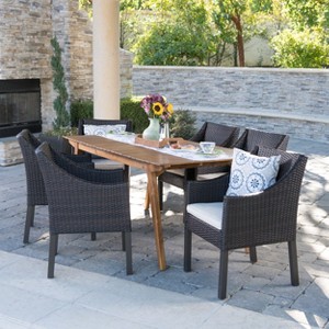 Christopher Knight Home Vivian Outdoor Wicker and Acacia Wood 7 Piece Dining Set with Cushion - 1 of 4